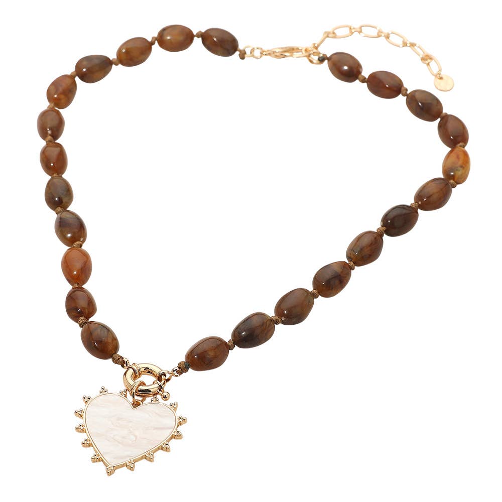 Pearl Heart Pendant Marbled Resin Oval Beaded Necklace: Brown