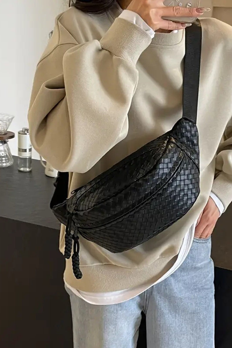 Leather Woven Crossbody Bum Bag- Black