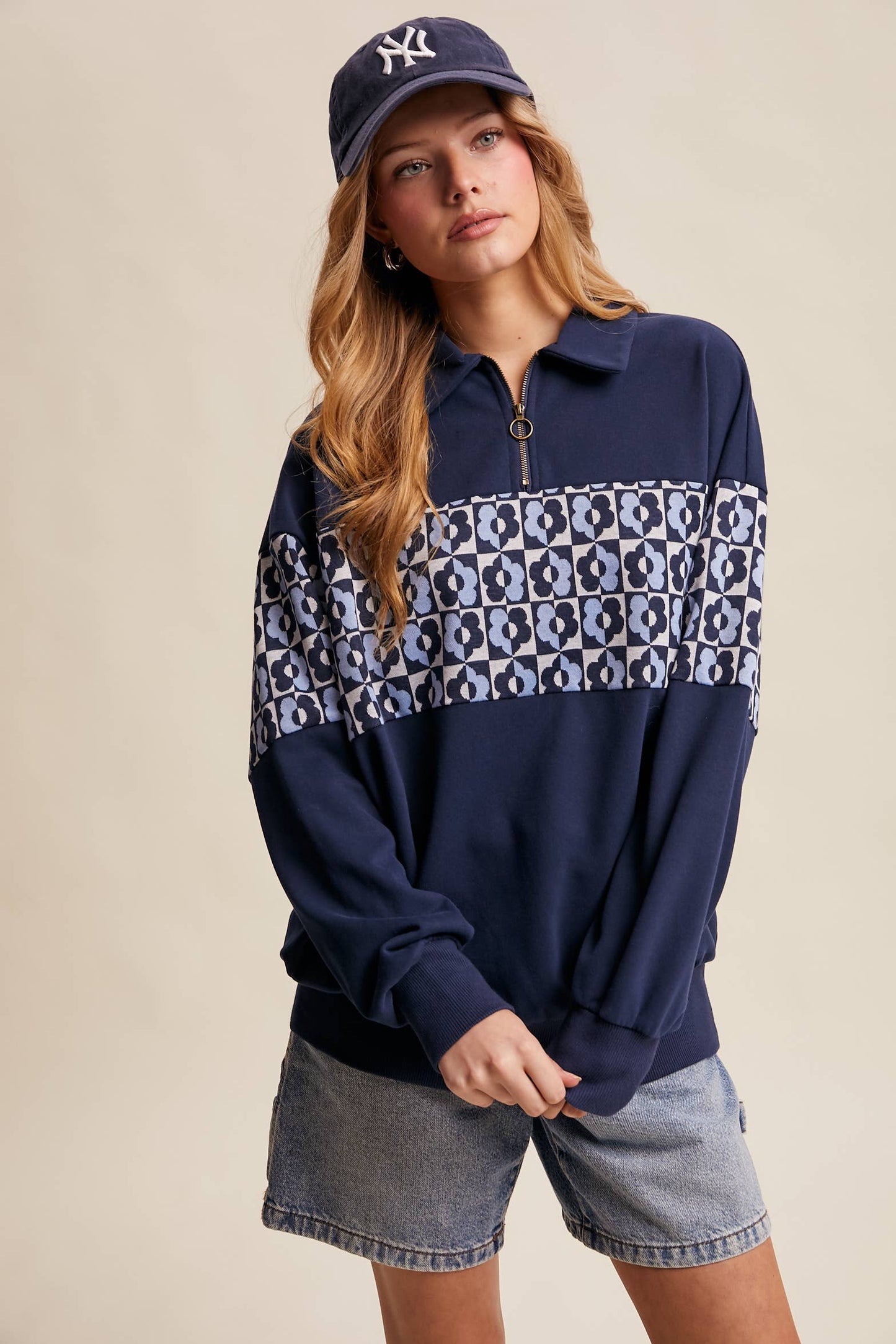 Retro Flower Panel Half-Zip Pullover : Navy