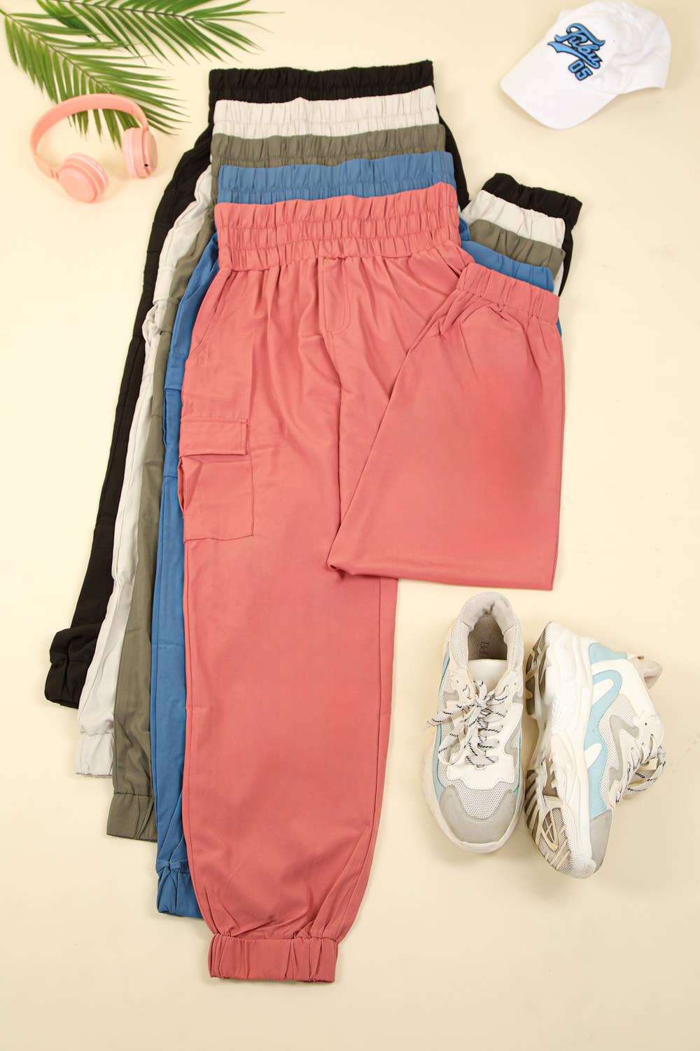 High Waisted Cargo Active Joggers w/ Pockets: Coconut Milk