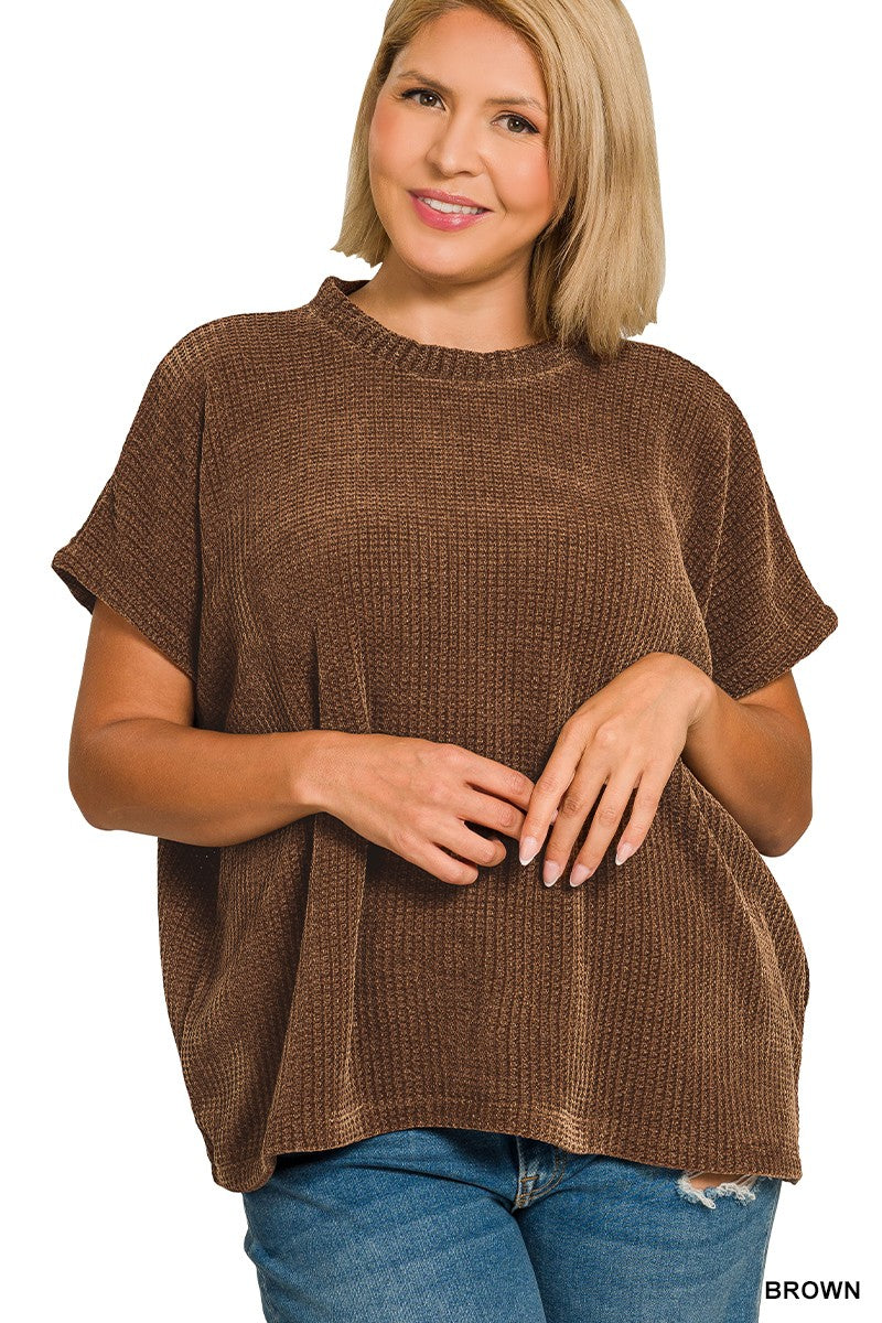 Plus Size Brown Chenille Waffle Sweater