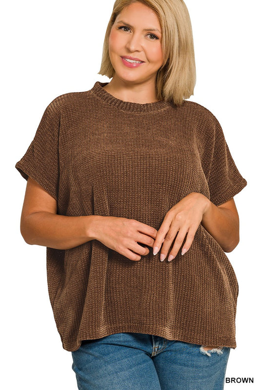 Plus Size Brown Chenille Waffle Sweater