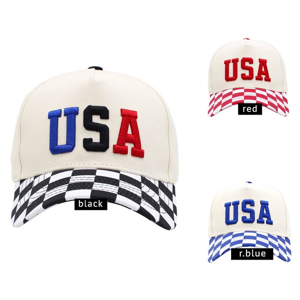 Checkered USA Embroidered Baseball Cap: Black