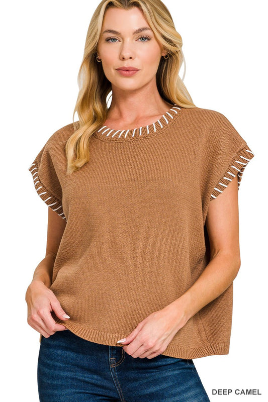 Deep Camel Contrast Stitch Sweater Vest