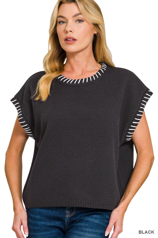 Black Contrast Stitch Sweater Vest
