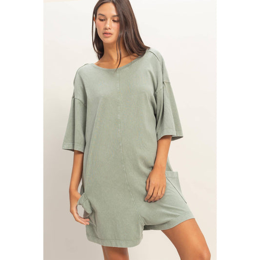 Mineral Washed V-Back Romper: Sage Green