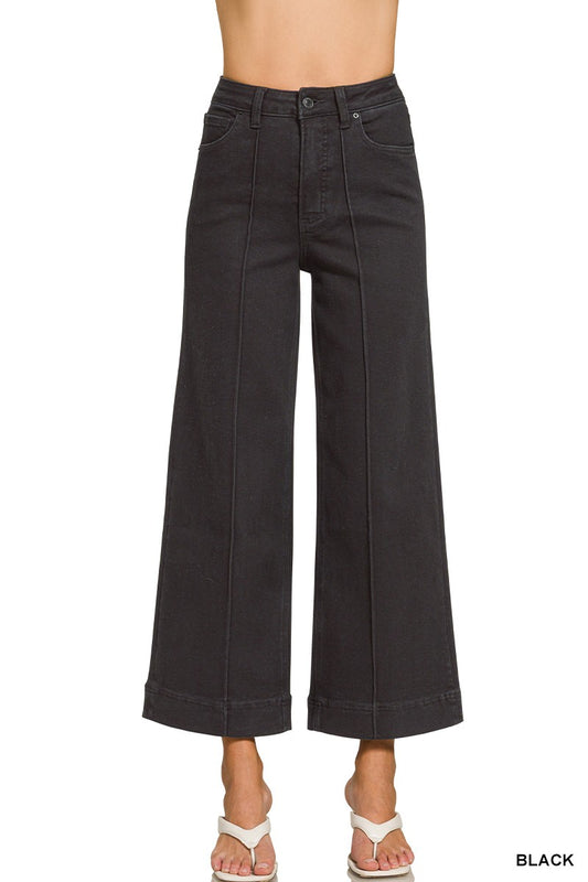 Black Pintuck Wide Leg Denim