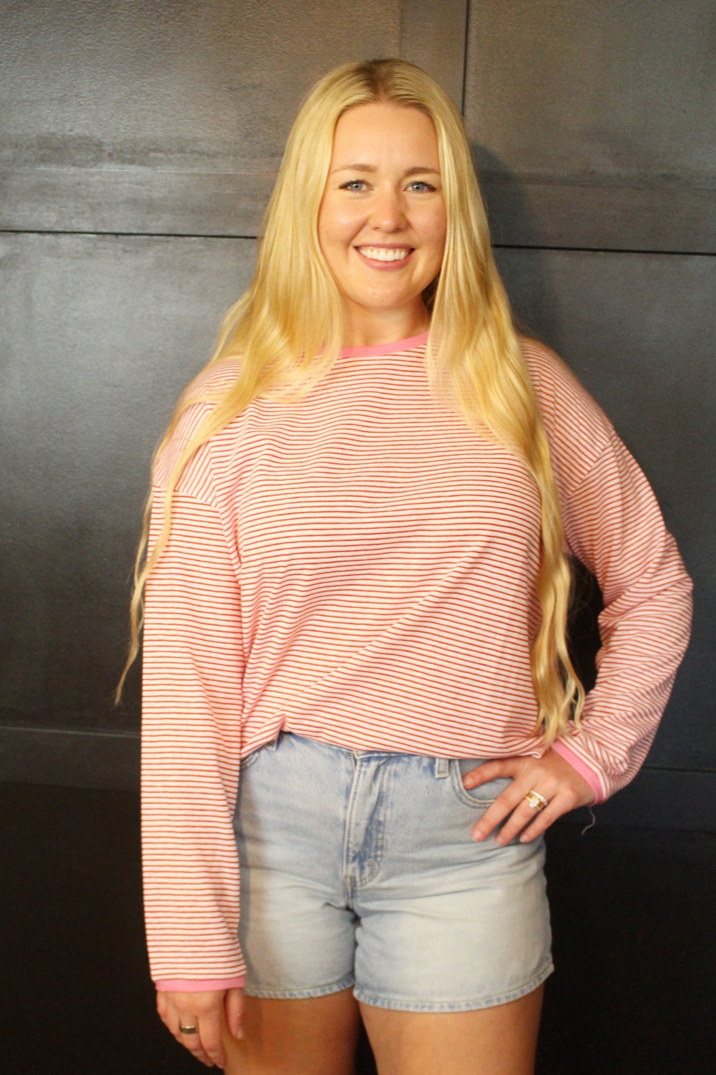 Contrast Striped Knit Top : Cherry/White