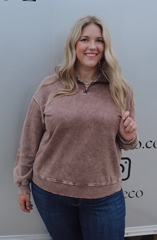 Acid Wash Fleece Half Zip Pullover - Brown (PLUS SIZE)