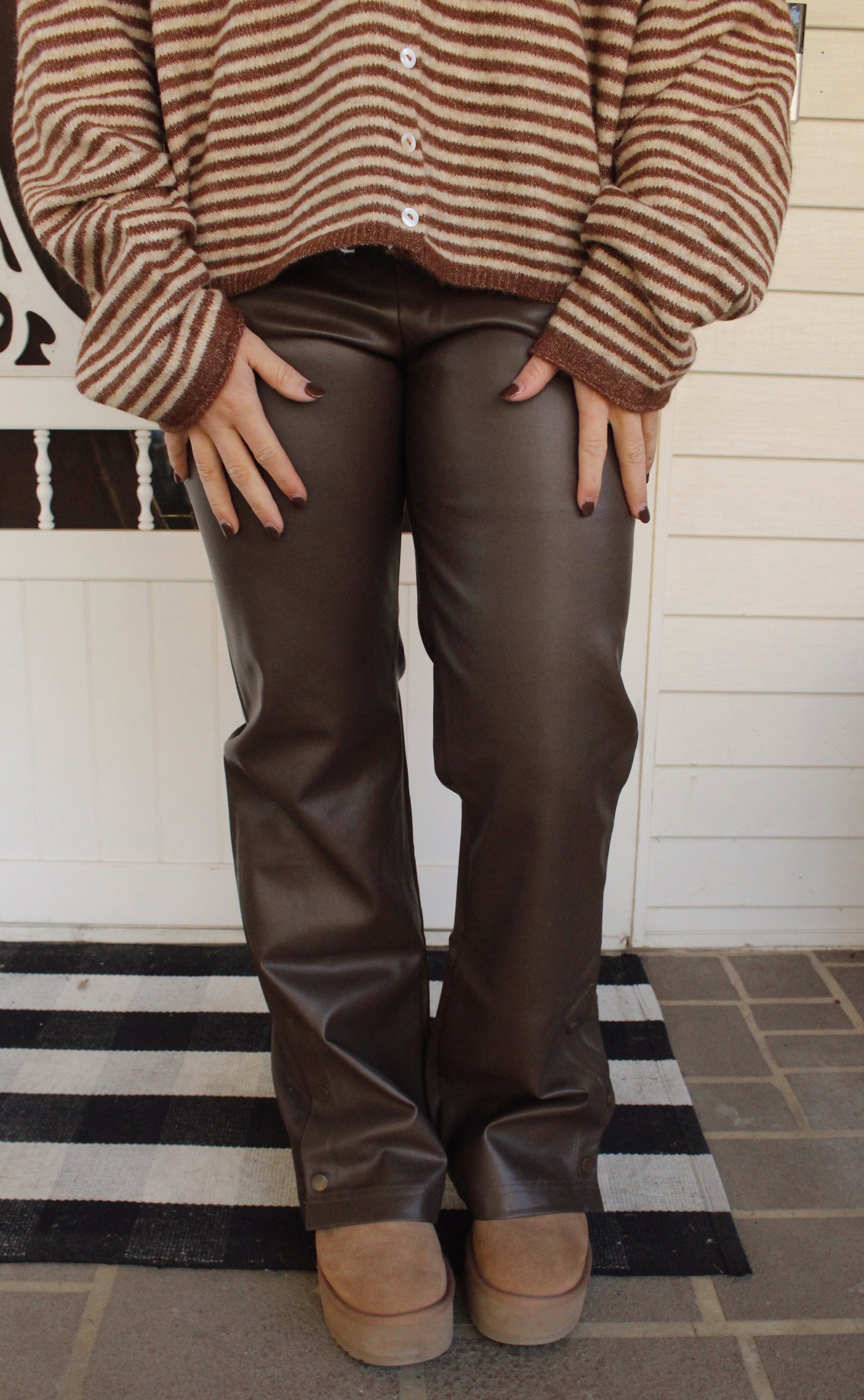 Faux Leather Elastic Waist Button Cuff Pants: Brown