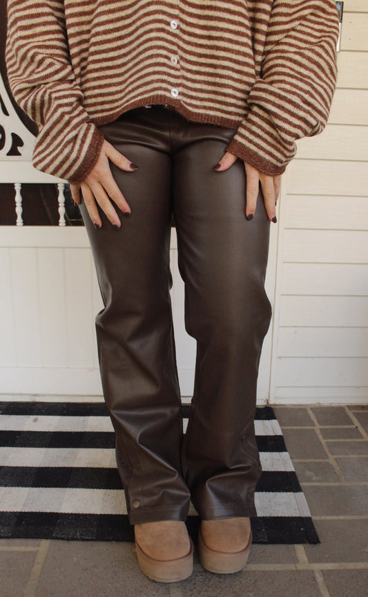 Faux Leather Elastic Waist Button Cuff Pants: Brown