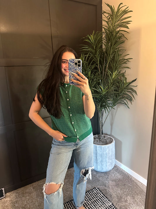 Striped Piper Vest Cardigan - Pin Stripe: Kelly Green