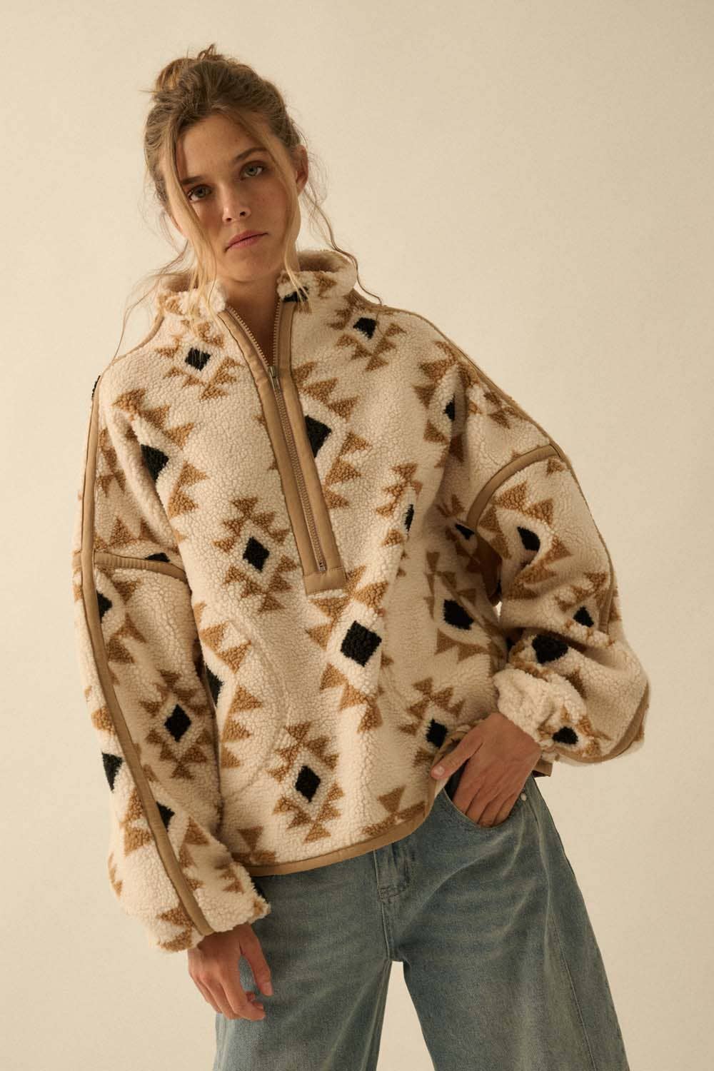 Geometric-Print Sherpa Fleece Half-Zip Pullover
