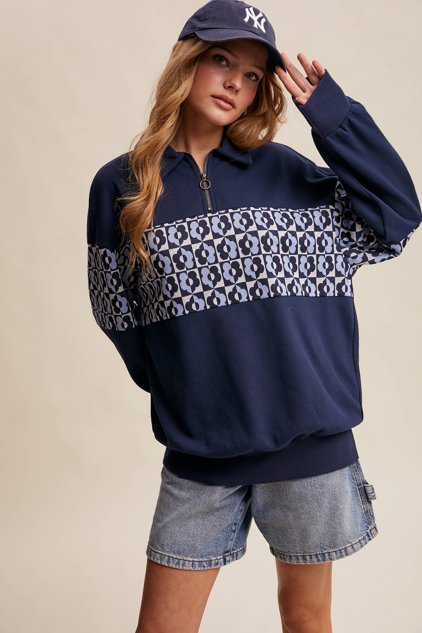 Retro Flower Panel Half-Zip Pullover : Navy