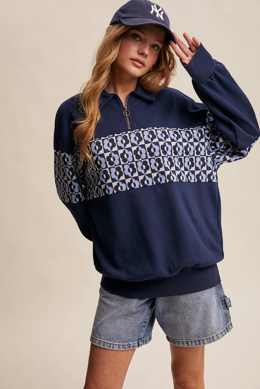Retro Flower Panel Half-Zip Pullover : Navy