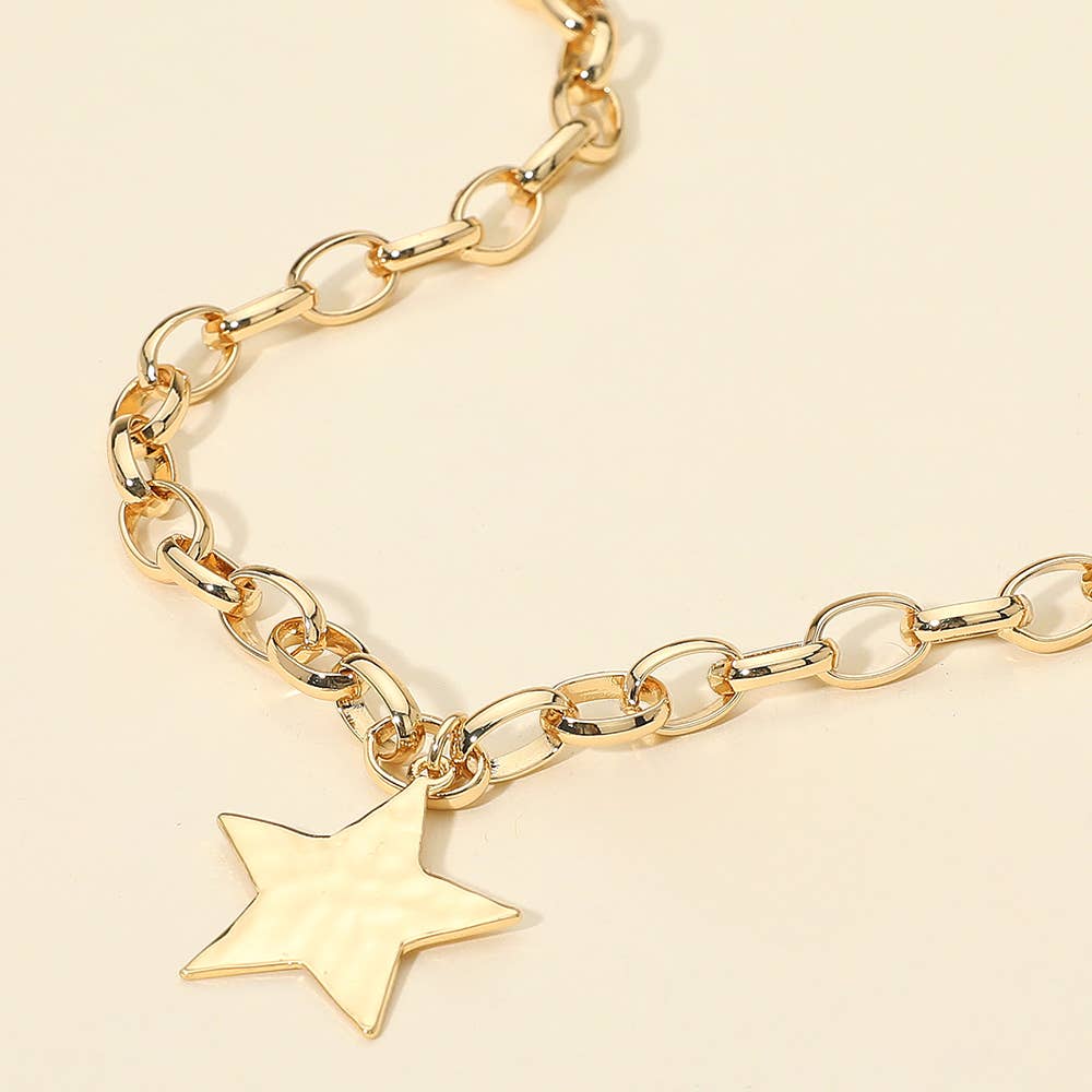 Textured Metal Star Pendant Chunky Chain Necklace