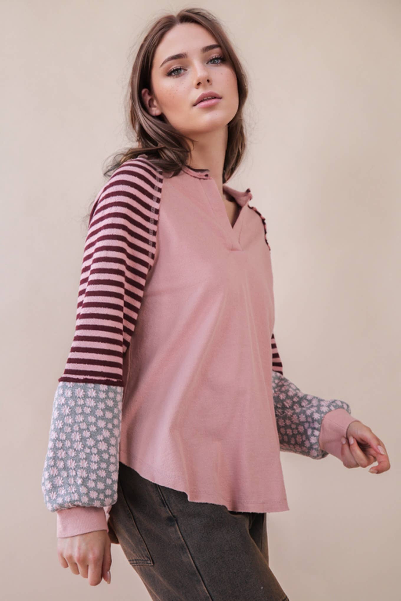 Oversized Floral & Stripe Casual Knit Top: Blush