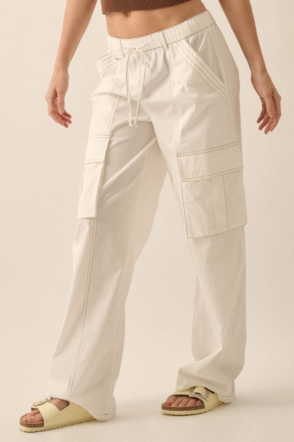 Solid High-Waist Contrast-Stitch Cargo Pants: Off White