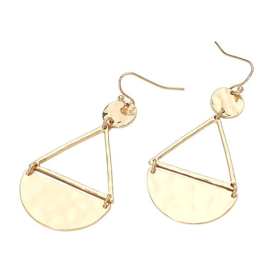 Geometric Hammered Metal Triangle Drop Earrings: Gold