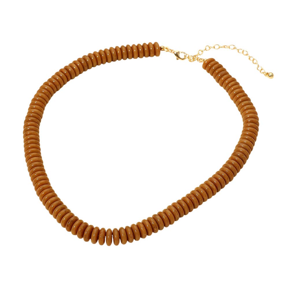 Flat Resin Disc Beaded Necklace: Brown/Gold