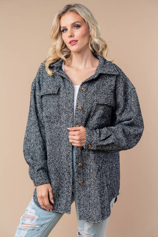 Black Long Sleeve Solid Woven Shacket: PLUS SIZE