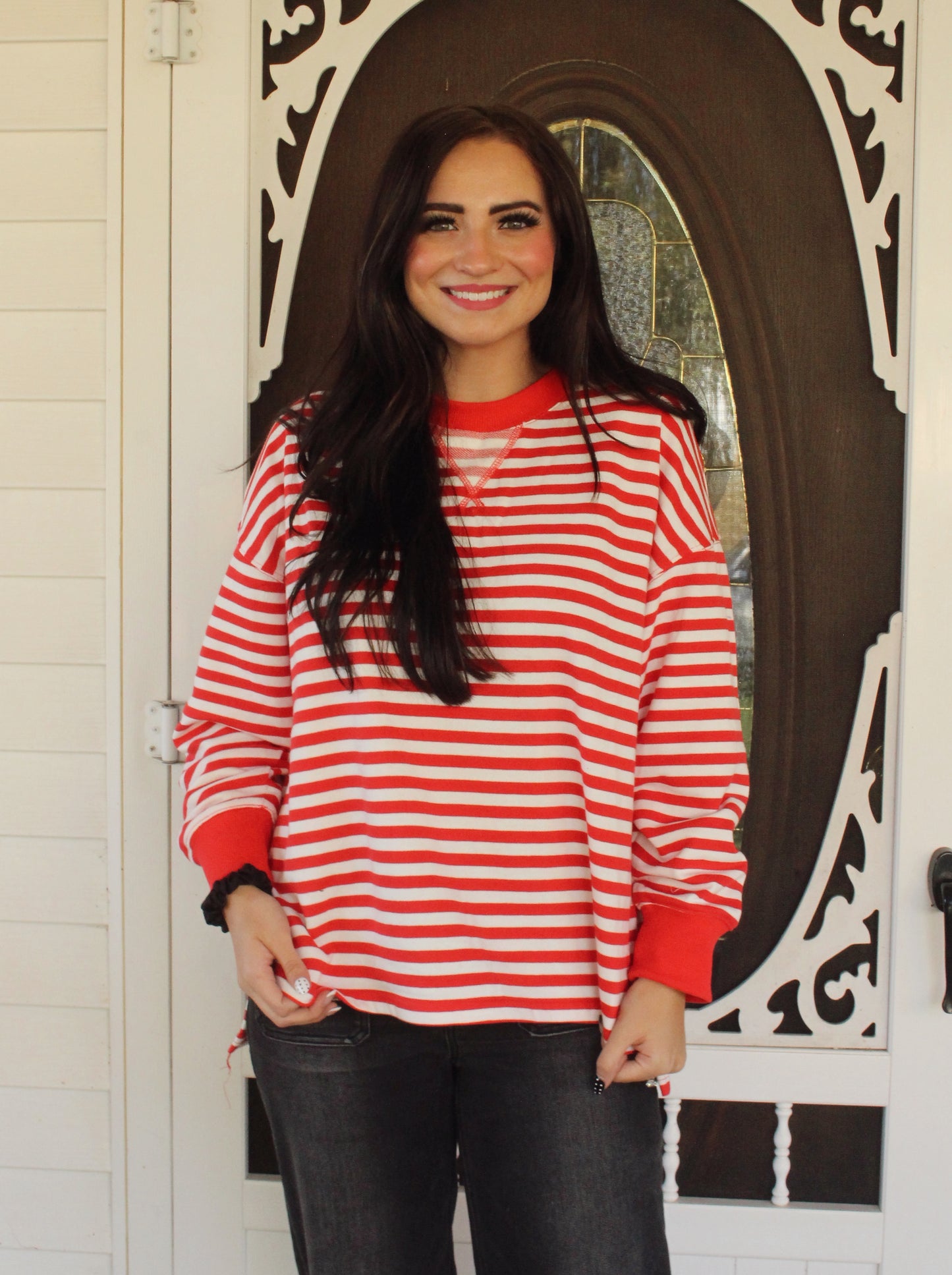 Red/White Striped Long Sleeve Knit Top