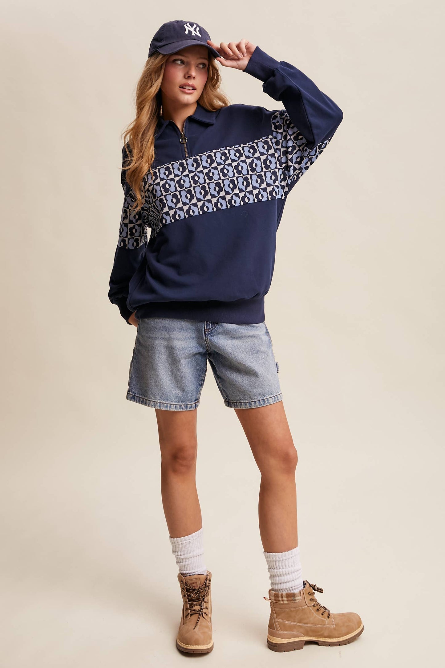 Retro Flower Panel Half-Zip Pullover : Navy