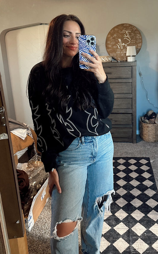 Western Boots Stitch Pullover Sweatshirt: Black