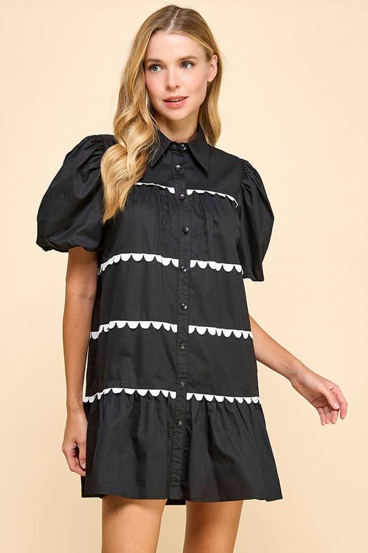 Sarah Scallop Detail Button Up Dress: Black