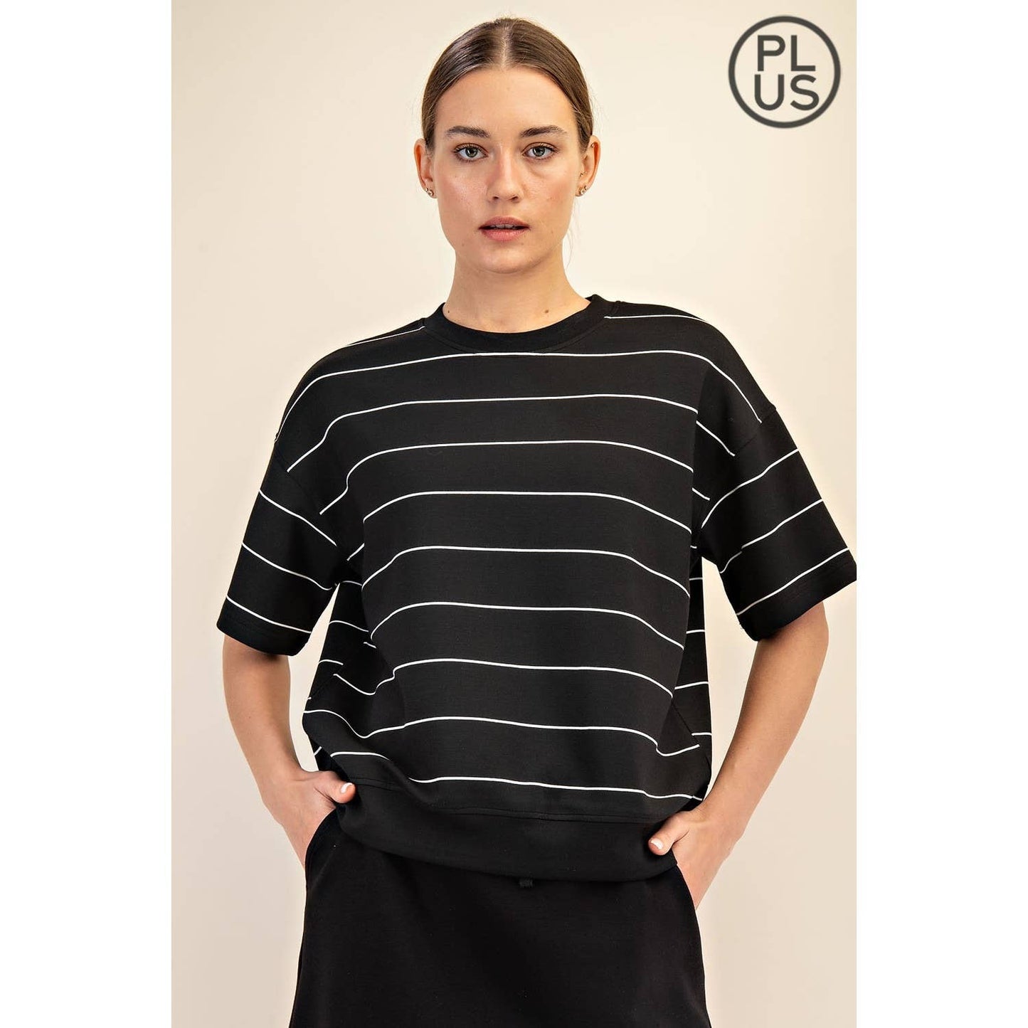(Plus Size)  Modal Scuba Stripe Short Sleeve : Black/Cream