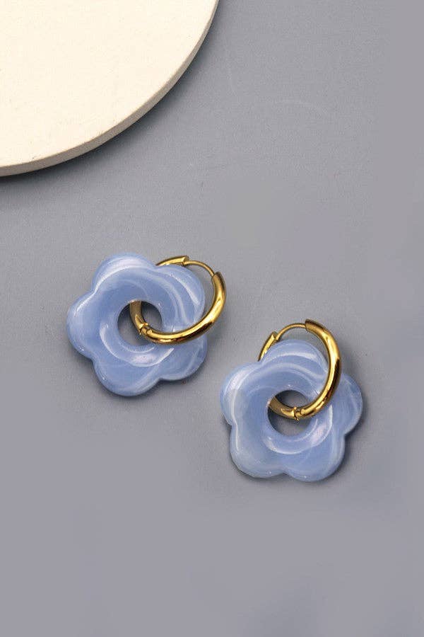 Flower Charm Hoop Earrings : Teal