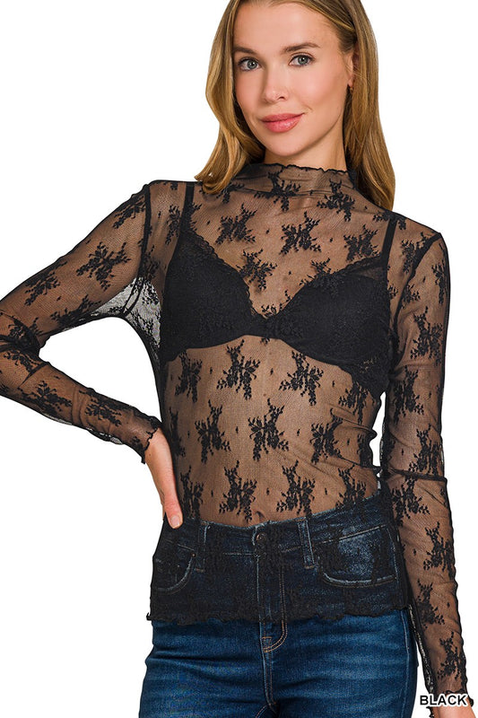 Lace See-Through Layer Top - Black