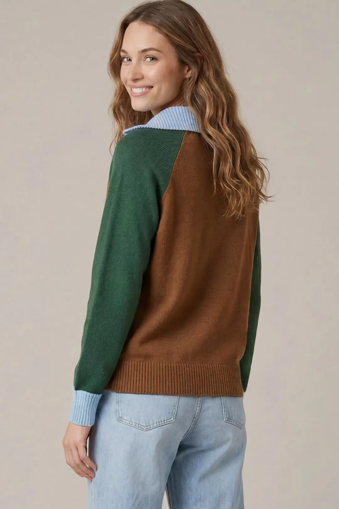 Mocha & Green Colorblock Half Zip Sweater