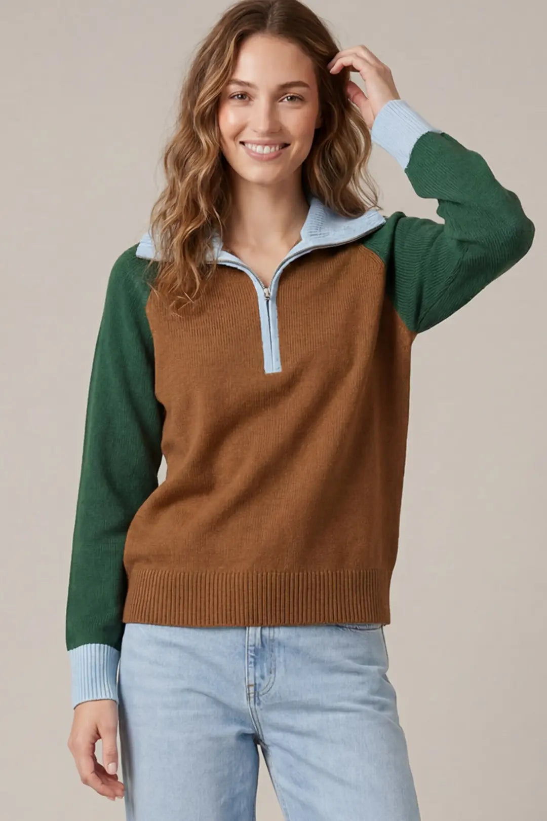 Mocha & Green Colorblock Half Zip Sweater