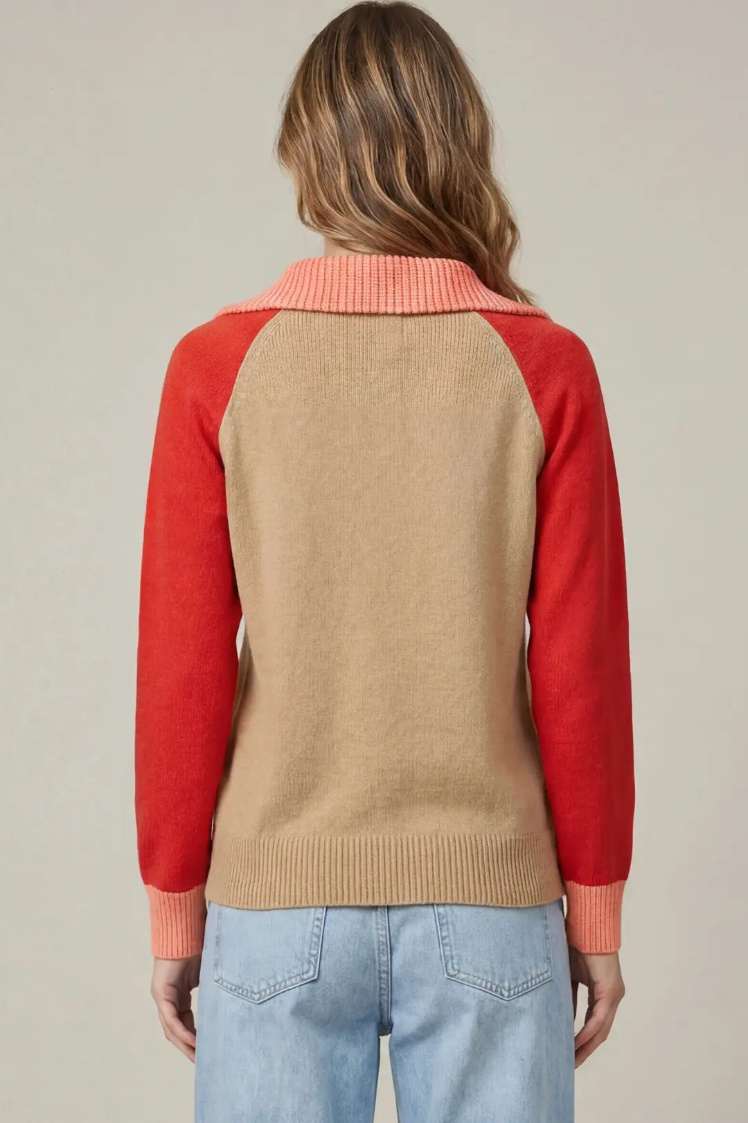 Taupe & Red Colorblock Half Zip Sweater
