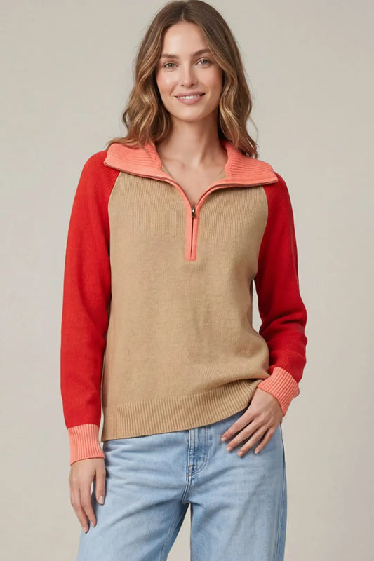 Taupe & Red Colorblock Half Zip Sweater