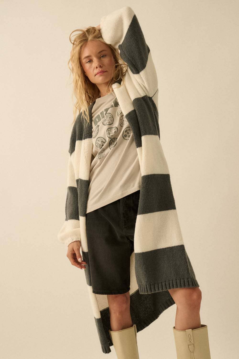 Striped Knit Open-Front Duster Pocket Cardigan: Charcoal-Off White