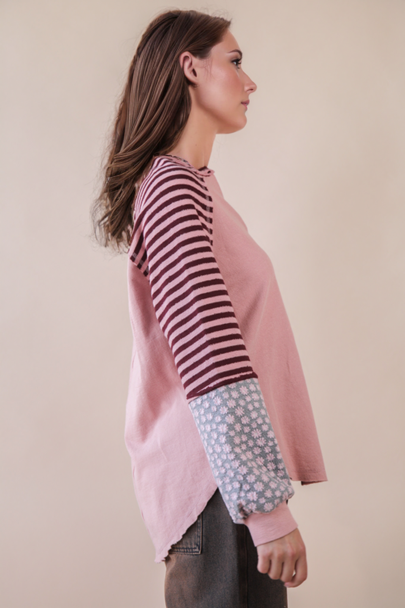 Oversized Floral & Stripe Casual Knit Top: Blush