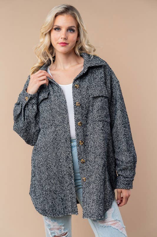 Black Long Sleeve Solid Woven Shacket: PLUS SIZE