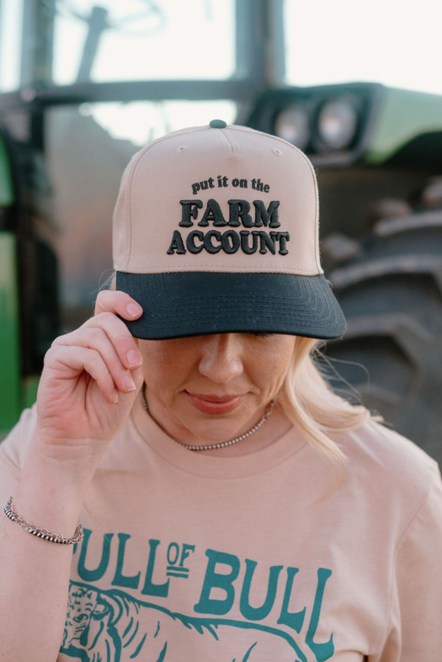 Put It On The Farm Account Trucker Hat in Black/Tan