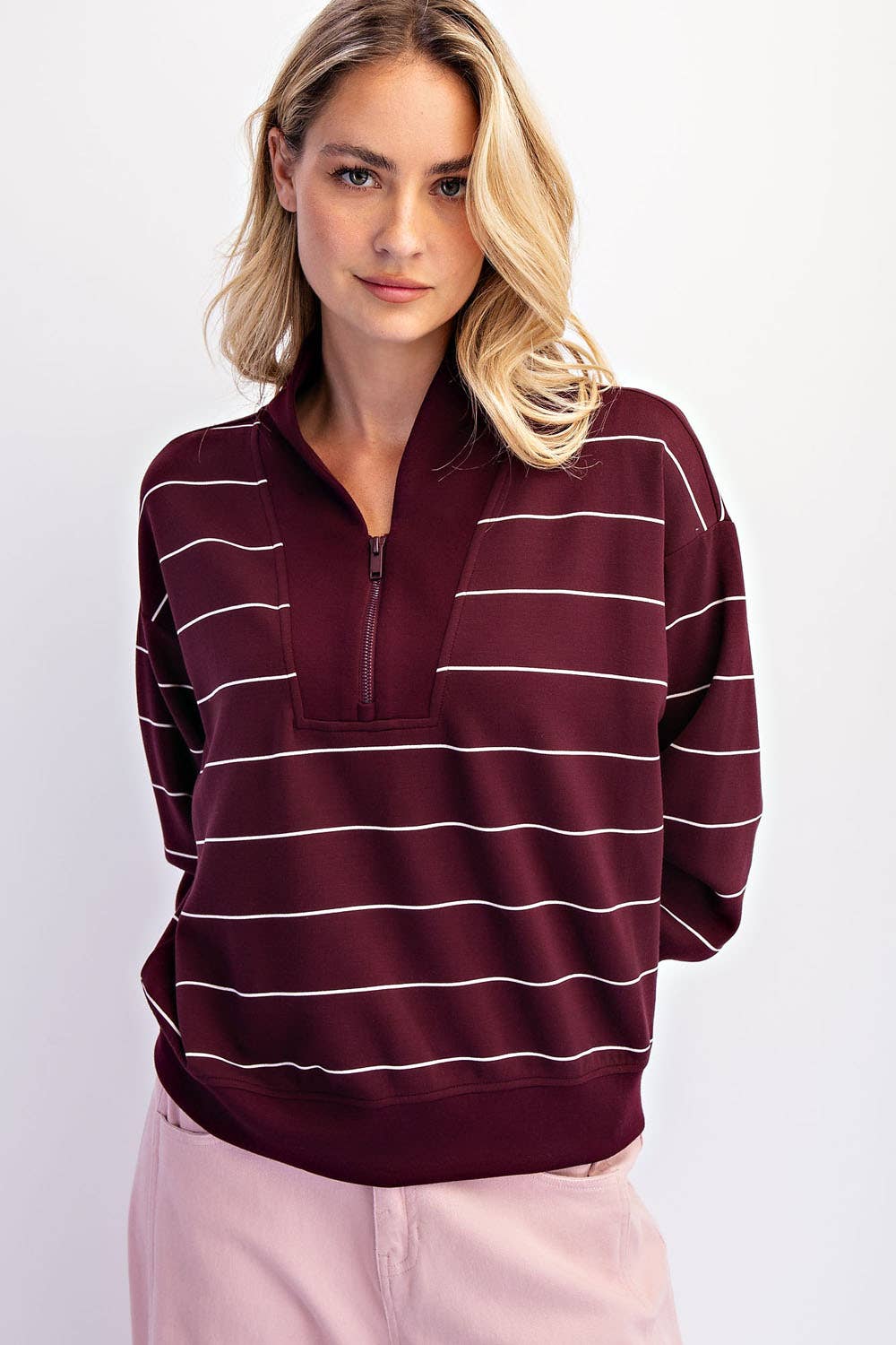 Modal Scuba Stripe V-Neck Jacket (Espresso/Cream)