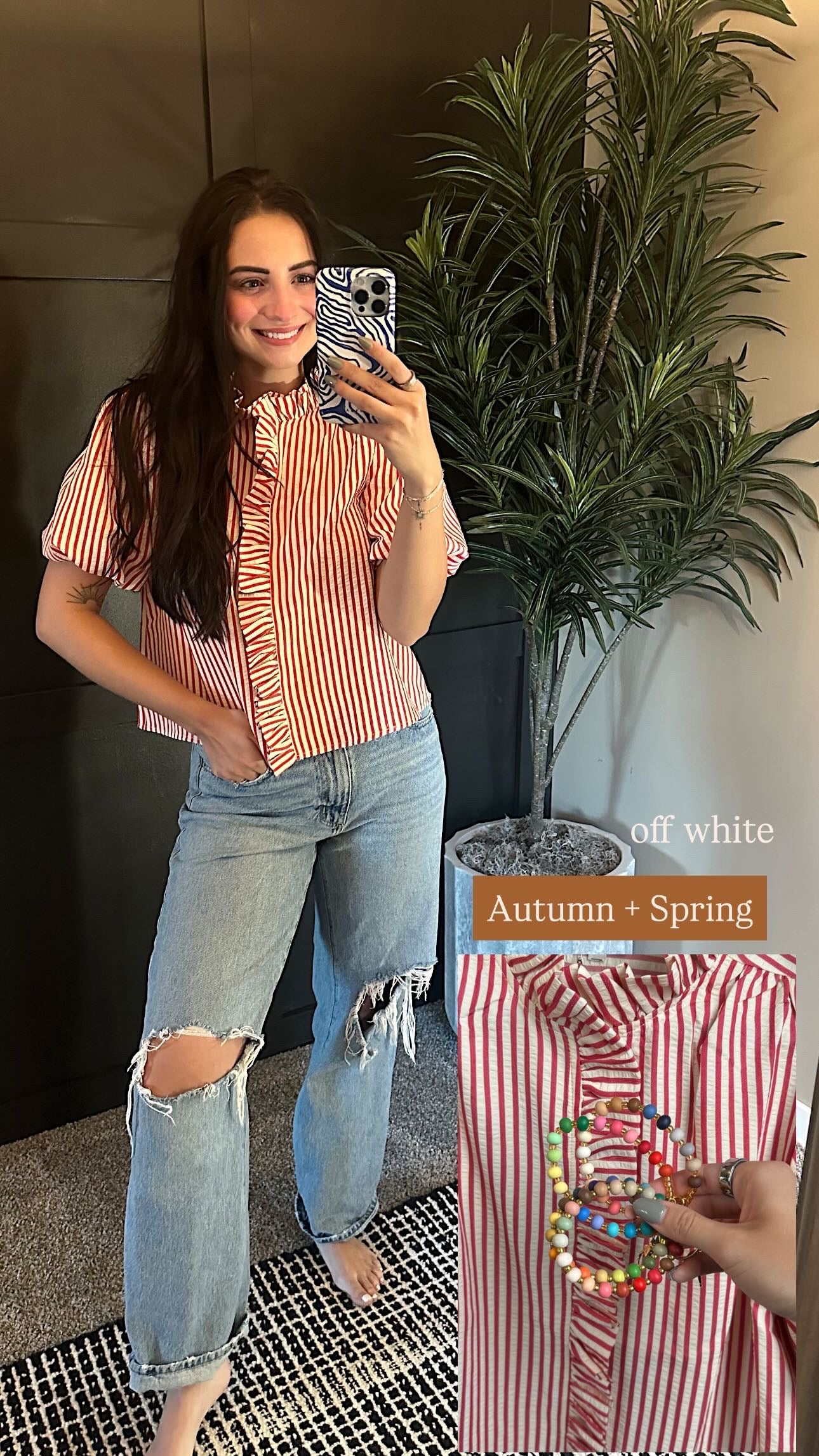 Striped Ruffled Button Down Top : Berry Red