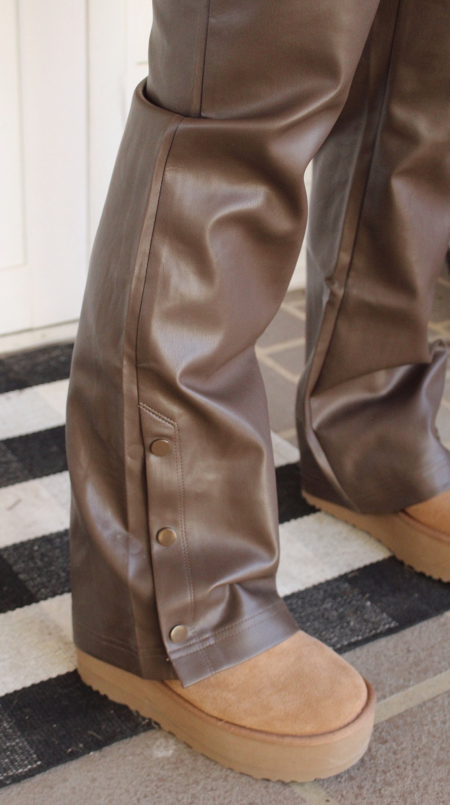 Faux Leather Elastic Waist Button Cuff Pants: Brown