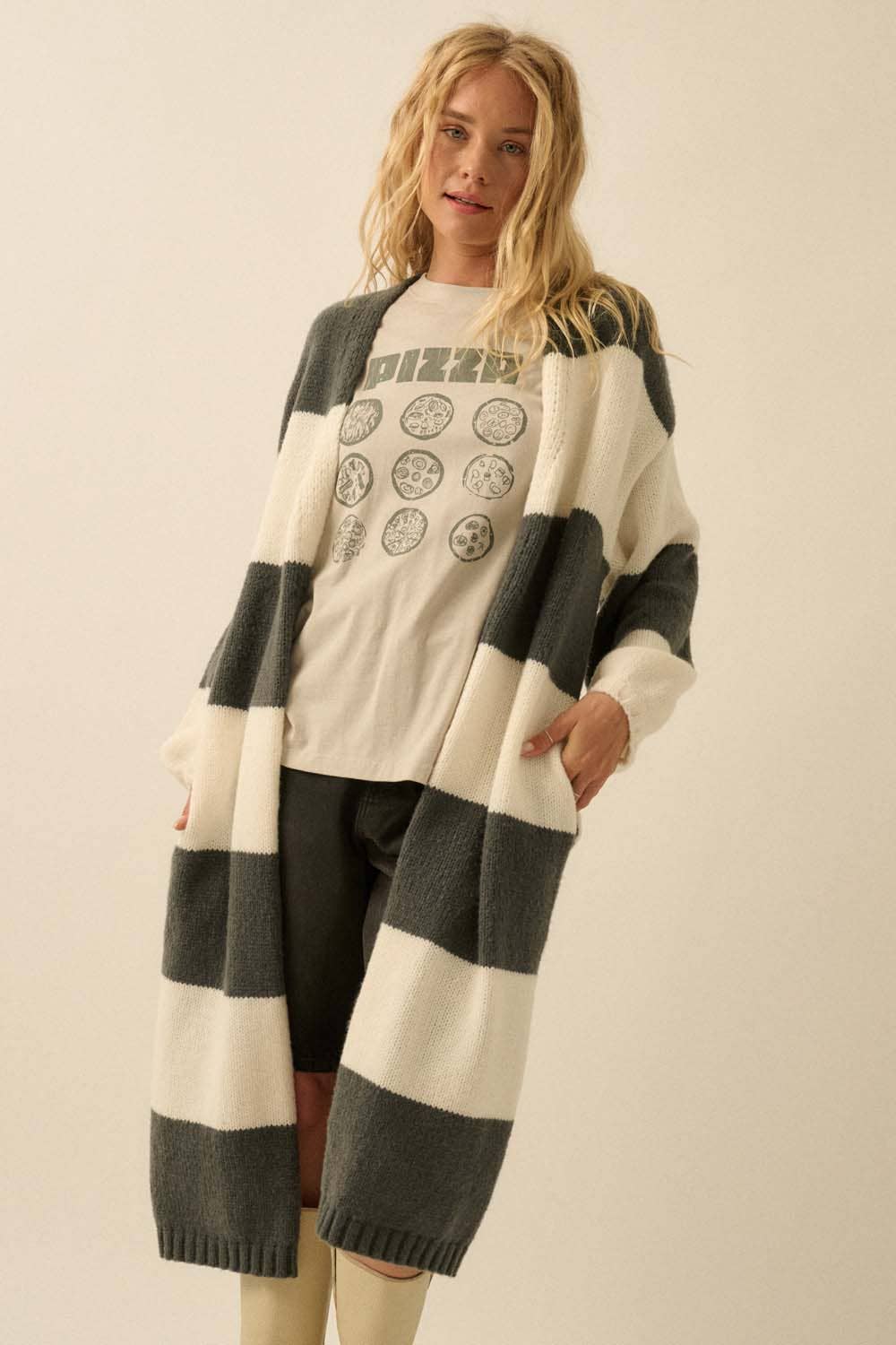 Striped Knit Open-Front Duster Pocket Cardigan: Charcoal-Off White