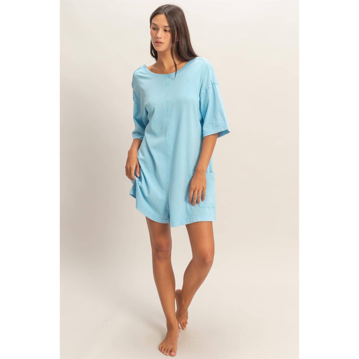 Mineral Washed V-Back Romper: Blue