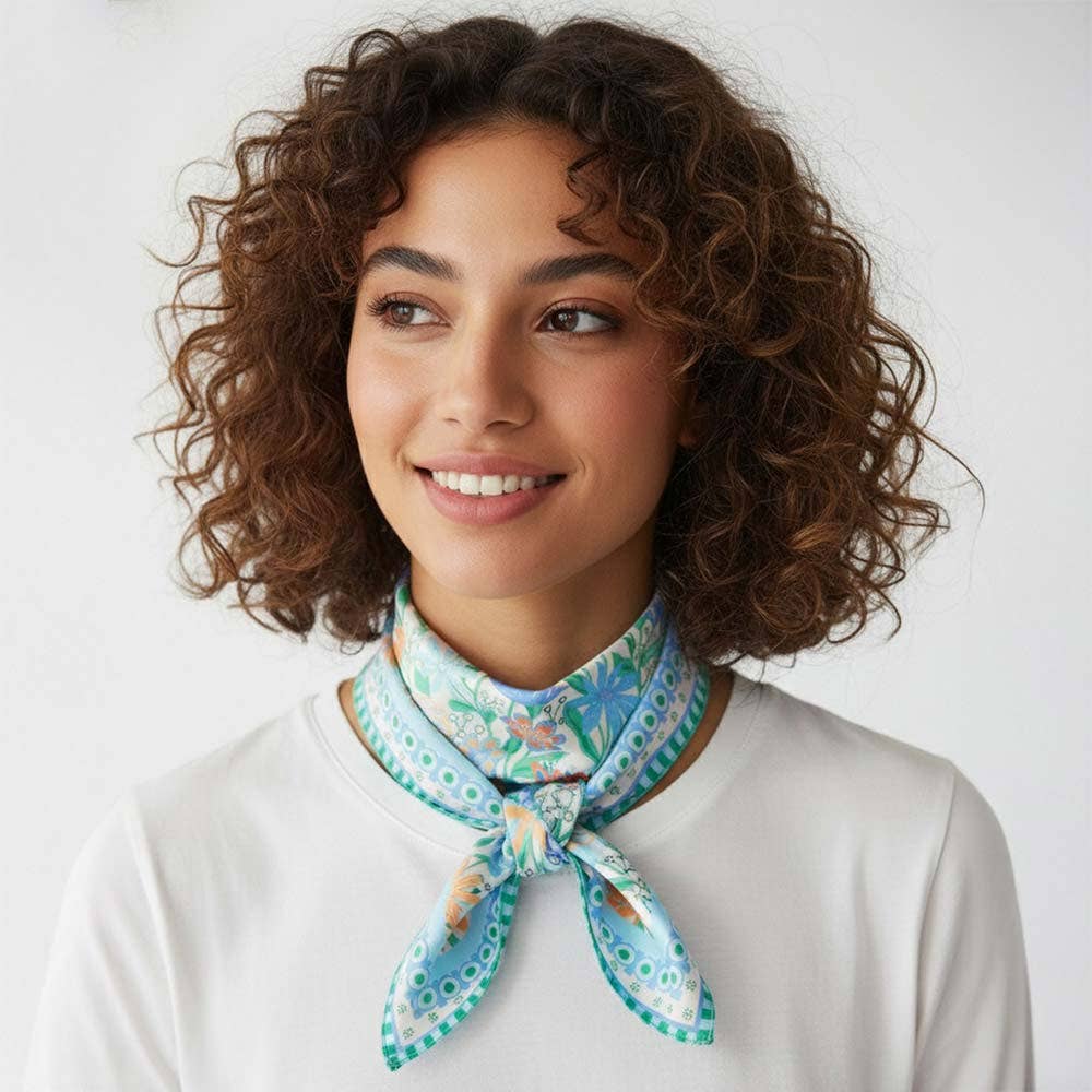 Retro Floral Print Square Bandana Scarf: Green