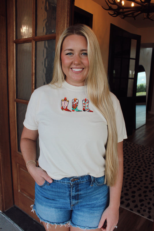 Embroidered Western Boots Cropped Tee