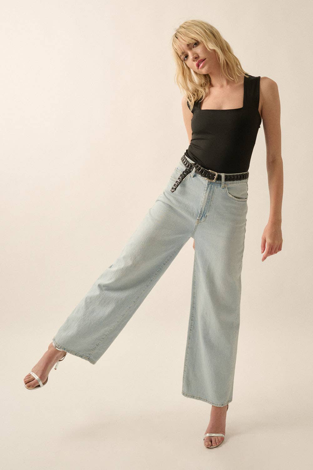 Lifted Fit Square-Neck Sleeveless Knit Bodysuit: Black