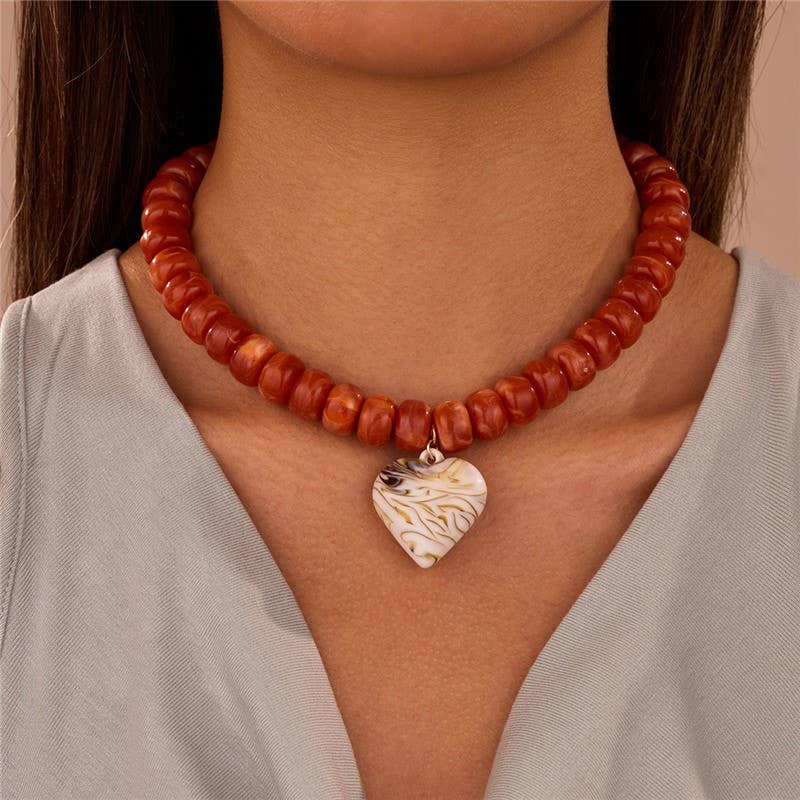 Heart Pendant Resin Beaded Necklace