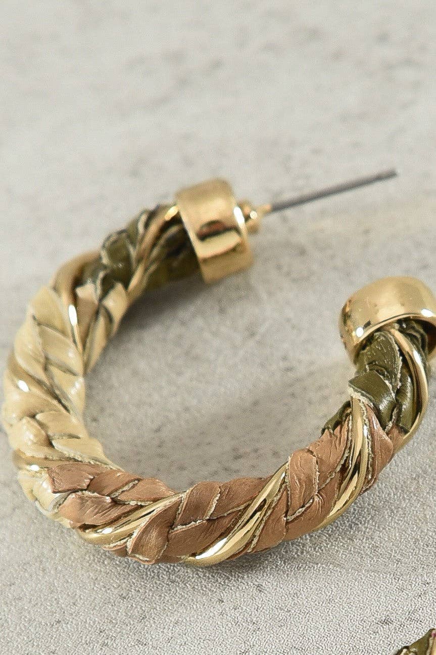 Brown Braided Faux Leather Hoop Earrings